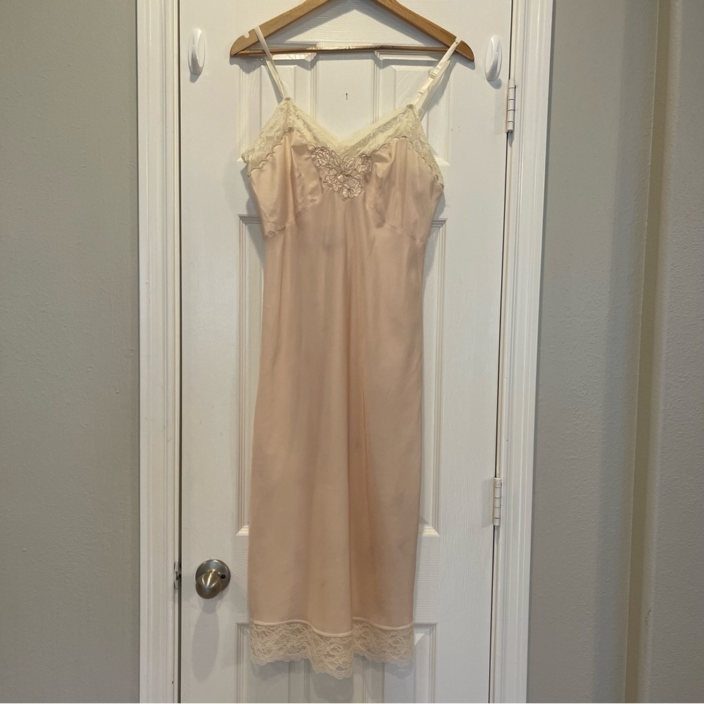 Vintage 60s Corhan Slip Dress Women’s 38 Ivory Petal Pink Lace Midi Bridal